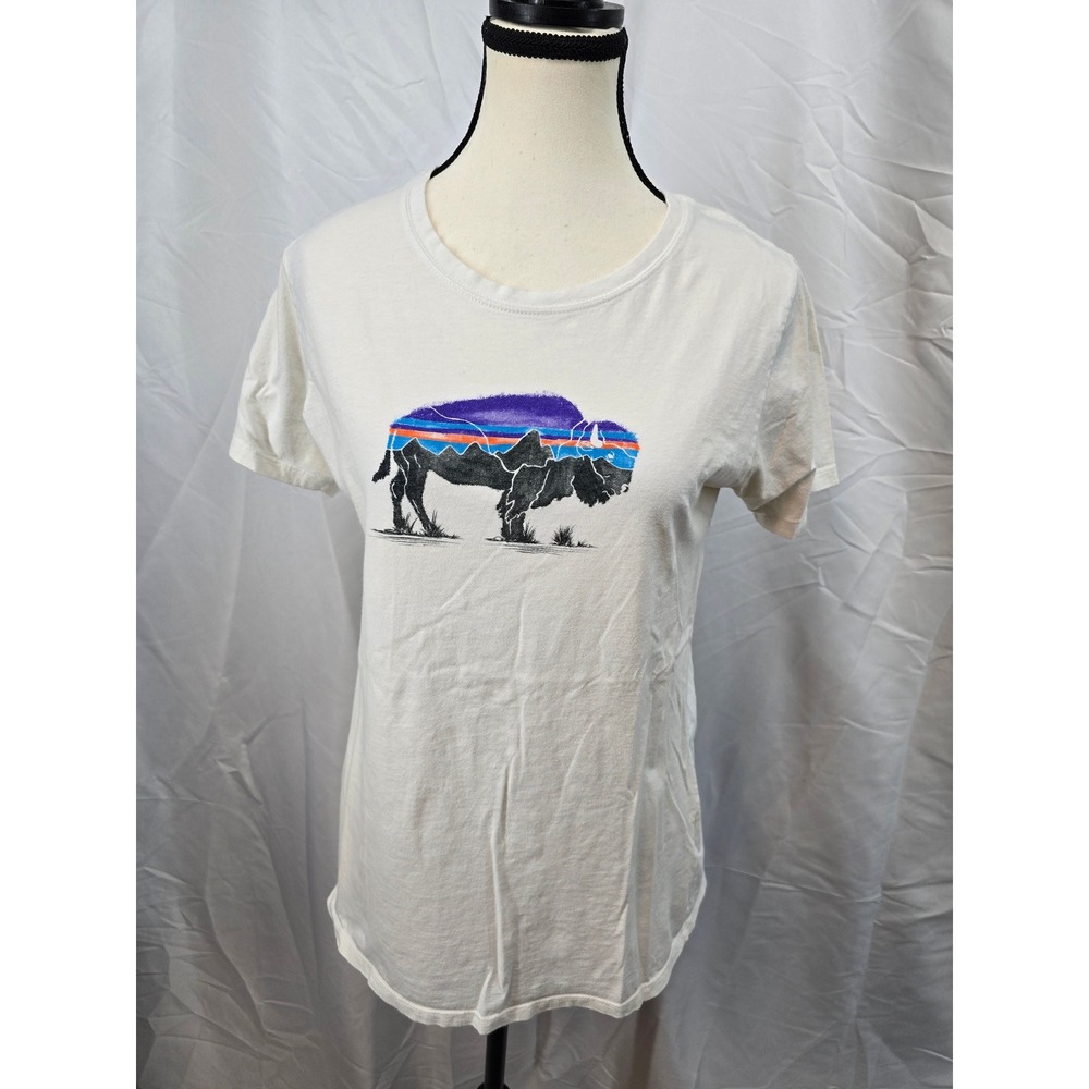 Patagonia Womens Organic Cotton Bison‎ Mountain Graphic T-Shirt White Medium M